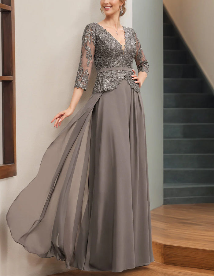Smoky Grey Lace Chiffon Maxi Dress