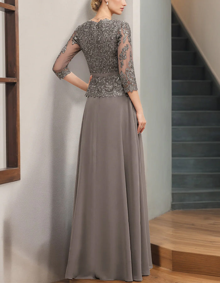 Smoky Grey Lace Chiffon Maxi Dress