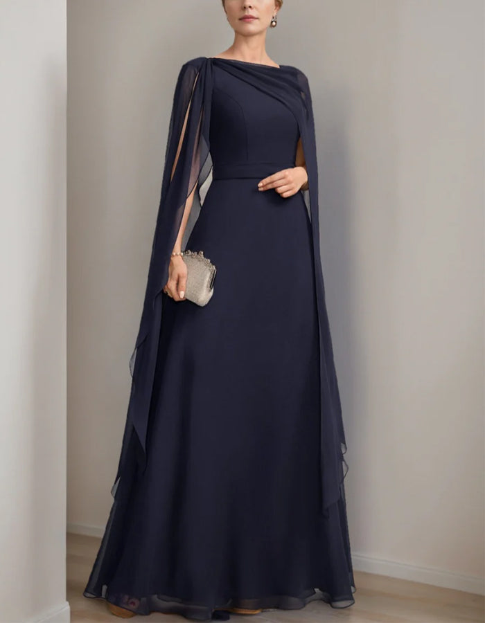 Navy Blue Chiffon Cape Maxi Dress