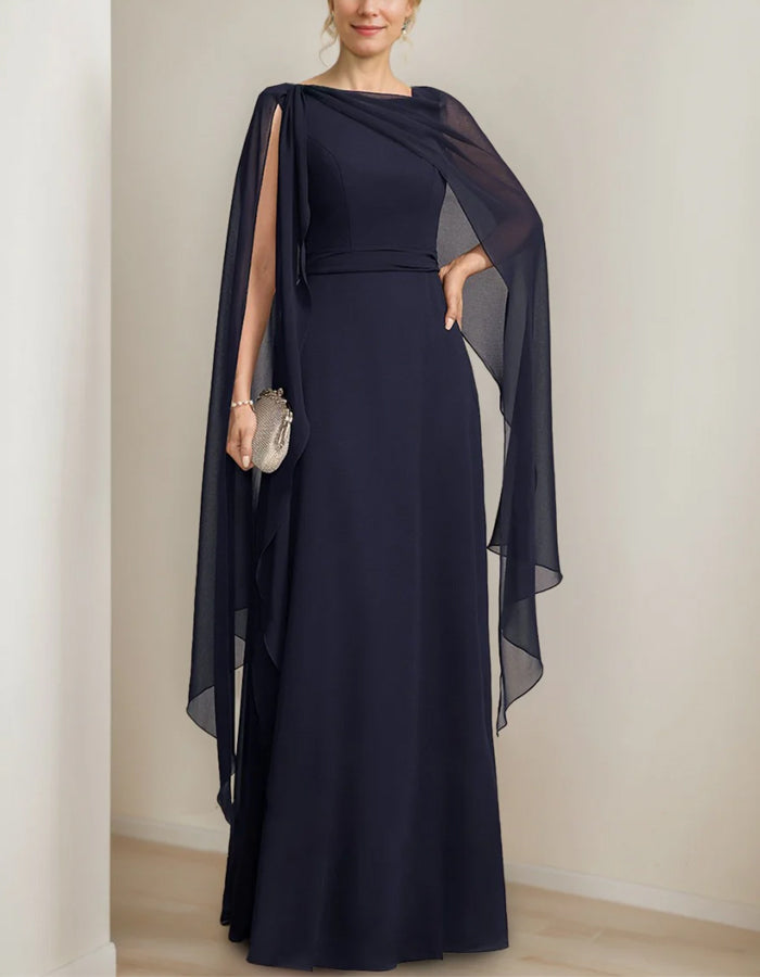 Navy Blue Chiffon Cape Maxi Dress