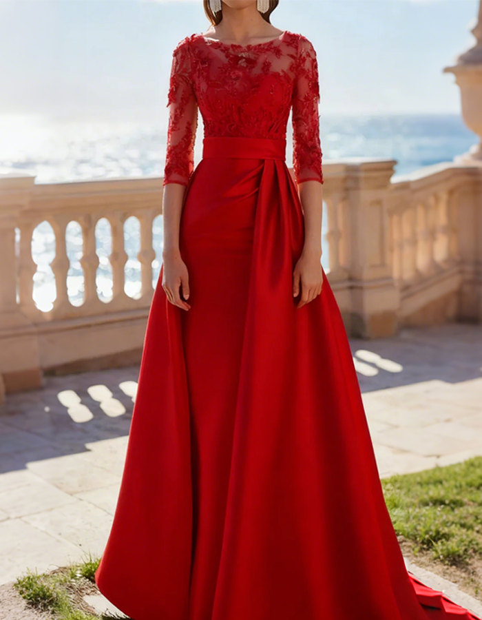 Vestido largo de noche de satén con encaje