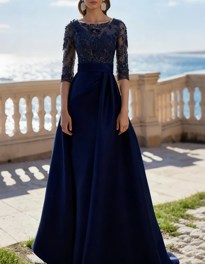 Vestido largo de noche de satén con encaje