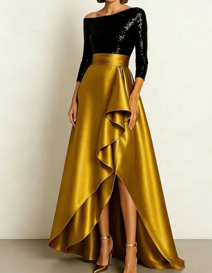 Vestido maxi de satén dorado con lentejuelas negras