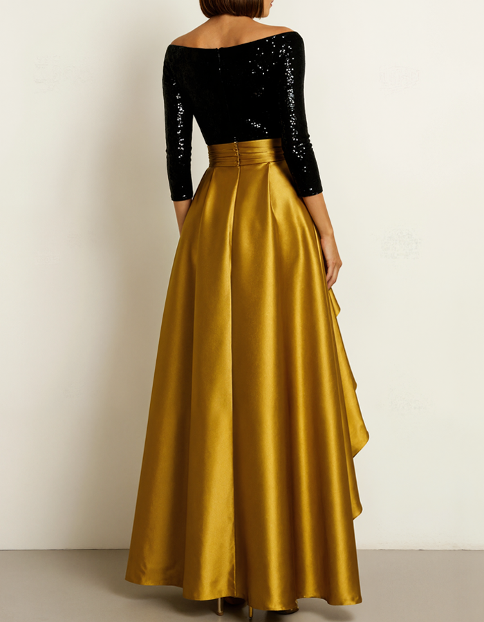 Black Sequined Gold Satin Maxi Dress