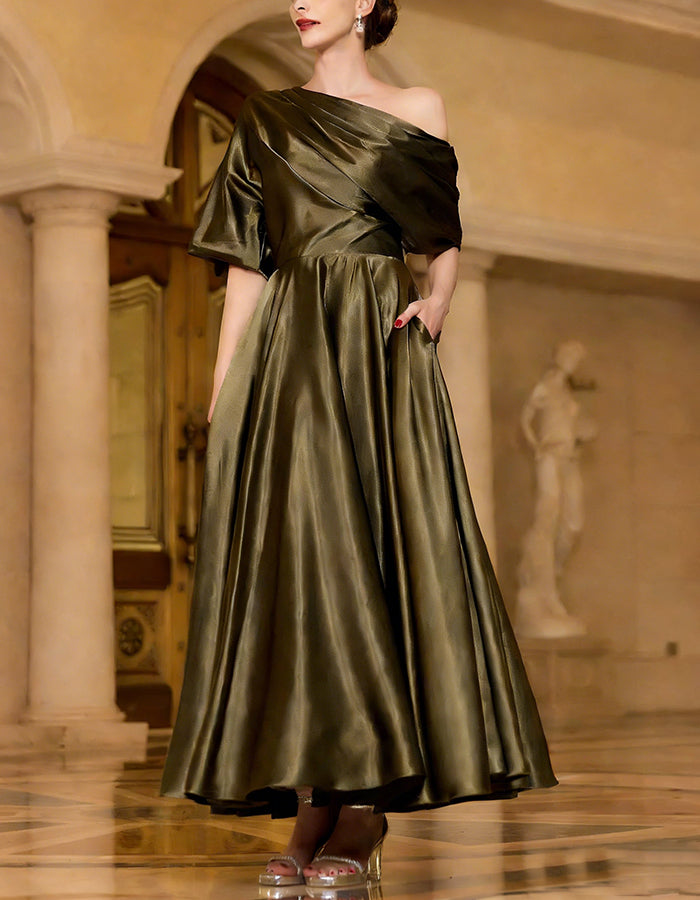 Solid Color Satin One Shoulder Maxi Dress