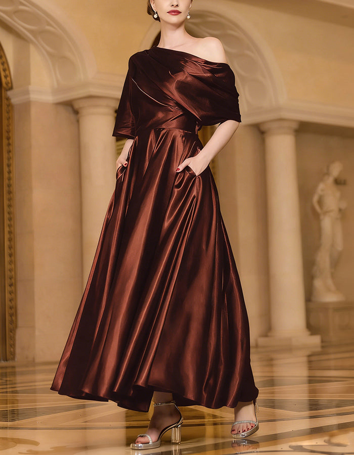 Solid Color Satin One Shoulder Maxi Dress
