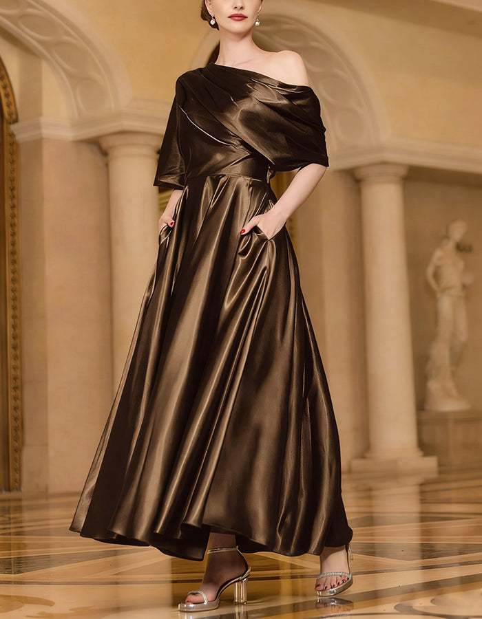 Solid Color Satin One Shoulder Maxi Dress