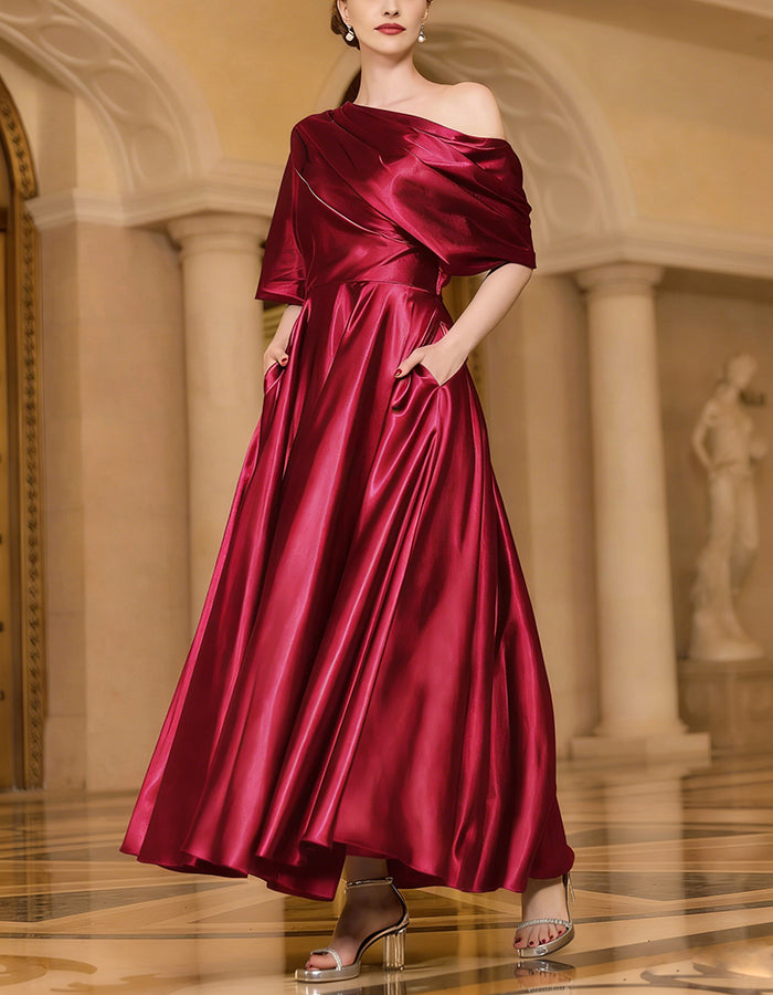 Solid Color Satin One Shoulder Maxi Dress