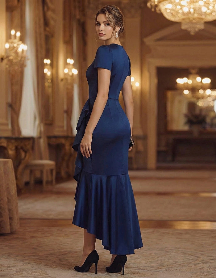 Vestido Midi de Satén Liso con Volantes y Cola de Sirena