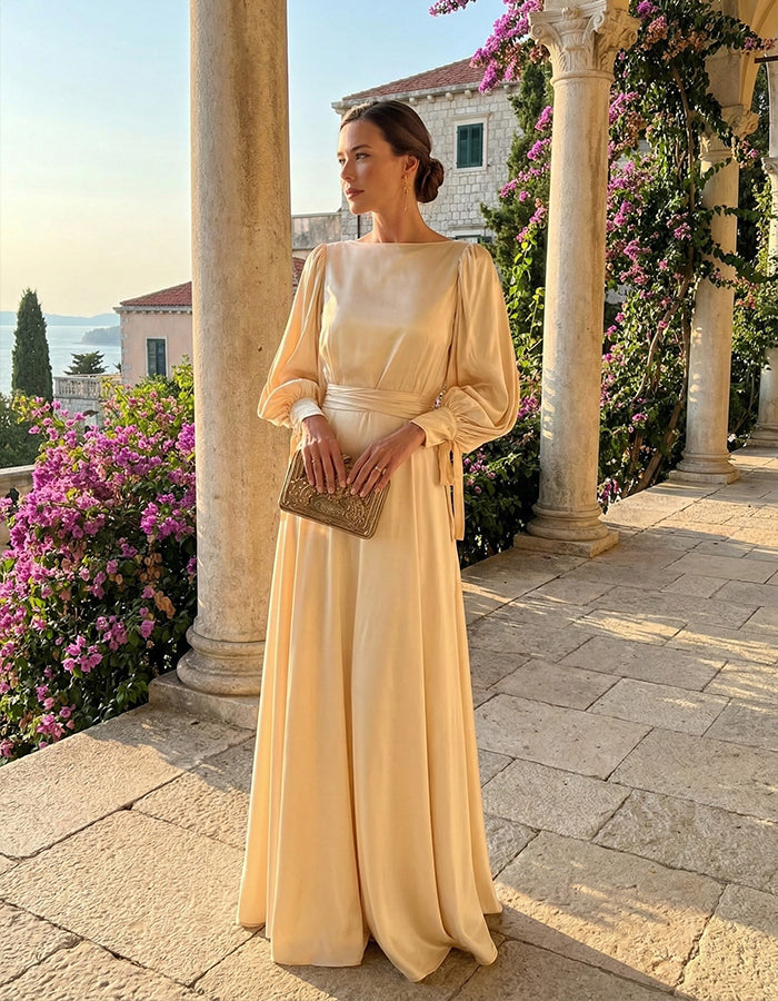 Champagne Satin Puff Sleeves Maxi Dress