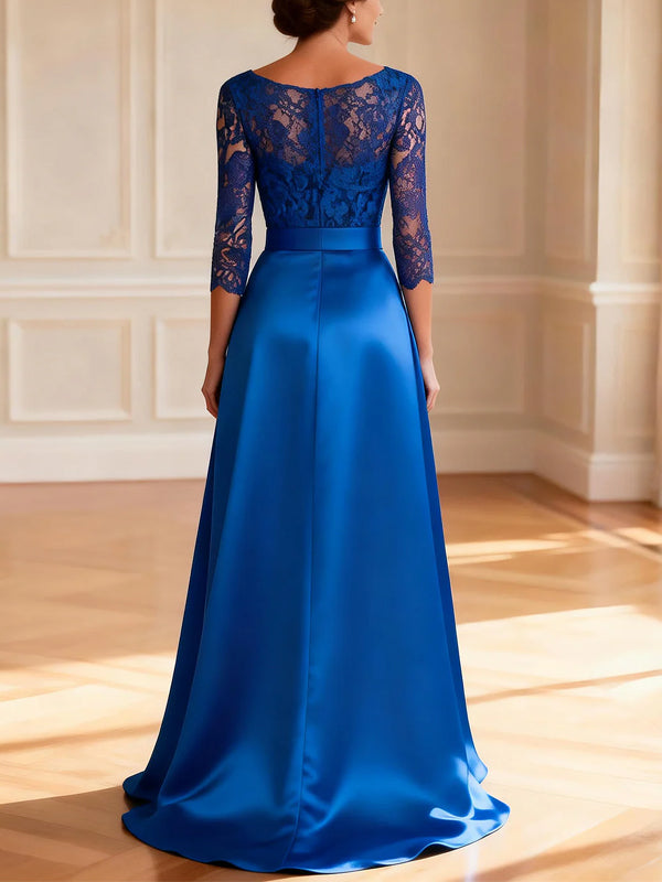 Vestido Largo de Satén con Encaje Azul Rey