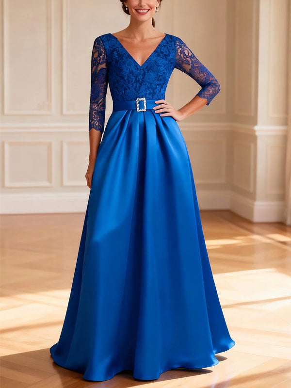 Vestido Largo de Satén con Encaje Azul Rey