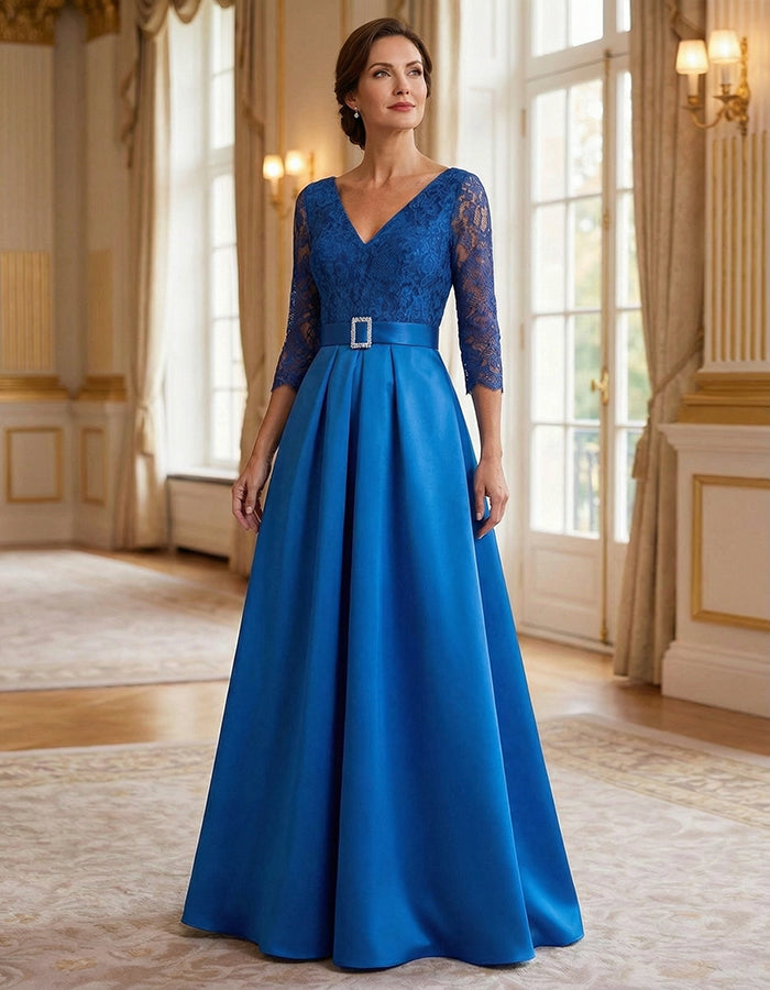 Vestido Largo de Satén con Encaje Azul Rey