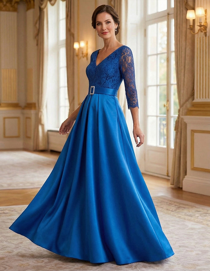 Vestido Largo de Satén con Encaje Azul Rey