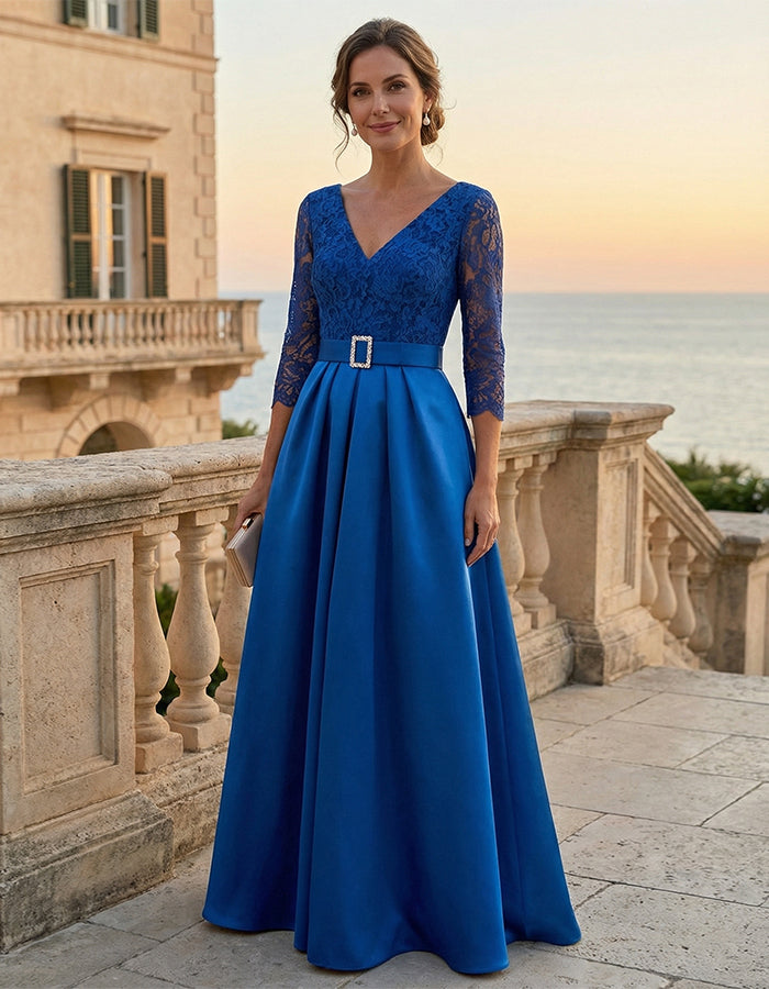 Vestido Largo de Satén con Encaje Azul Rey