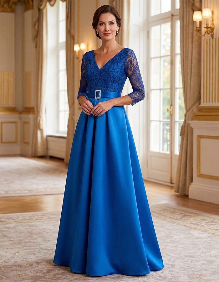 Vestido Largo de Satén con Encaje Azul Rey