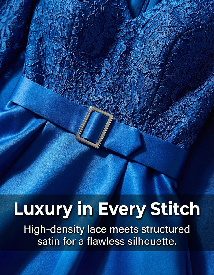Vestido Largo de Satén con Encaje Azul Rey
