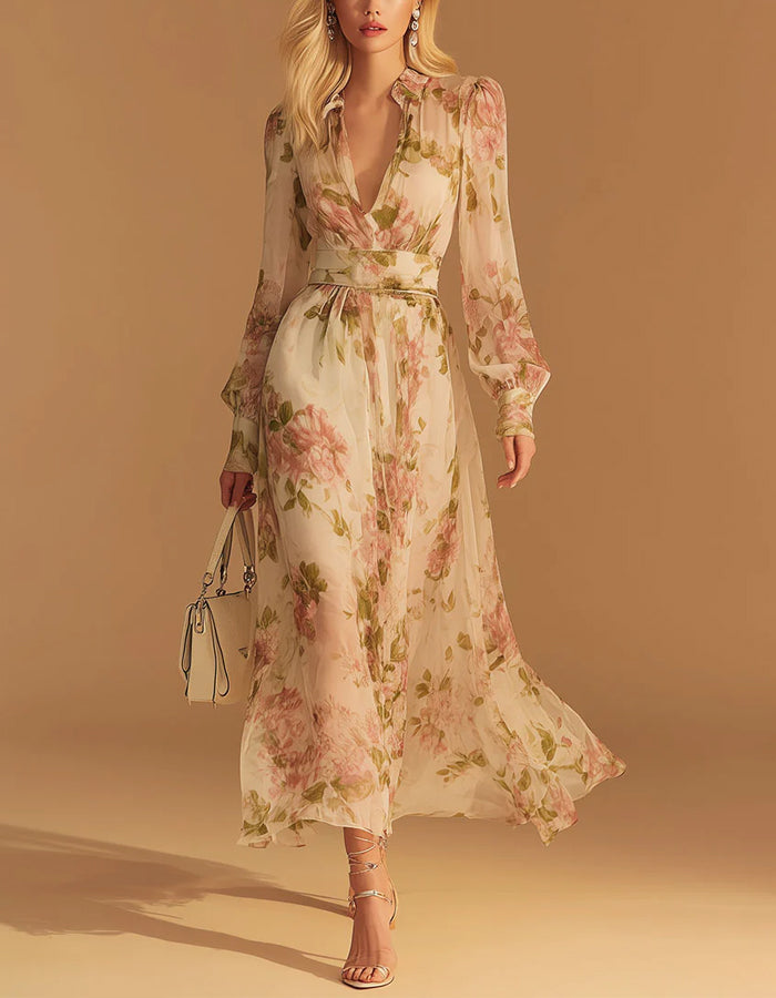 Pink Floral White Tulle Deep V Maxi Dress