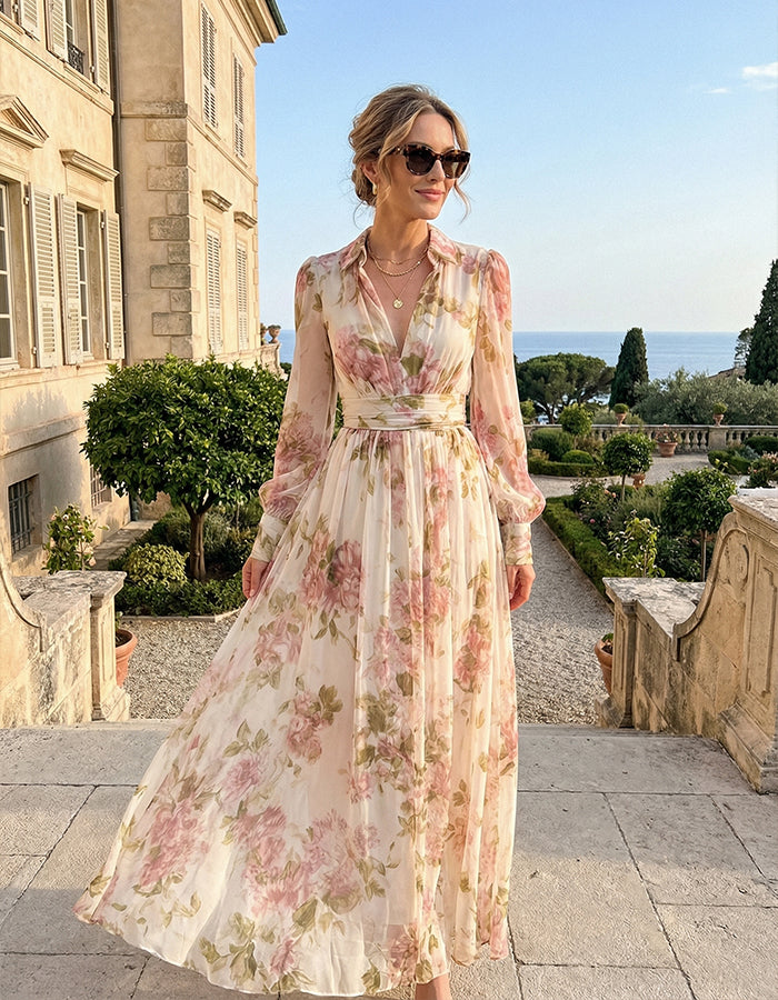Pink Floral White Tulle Deep V Maxi Dress