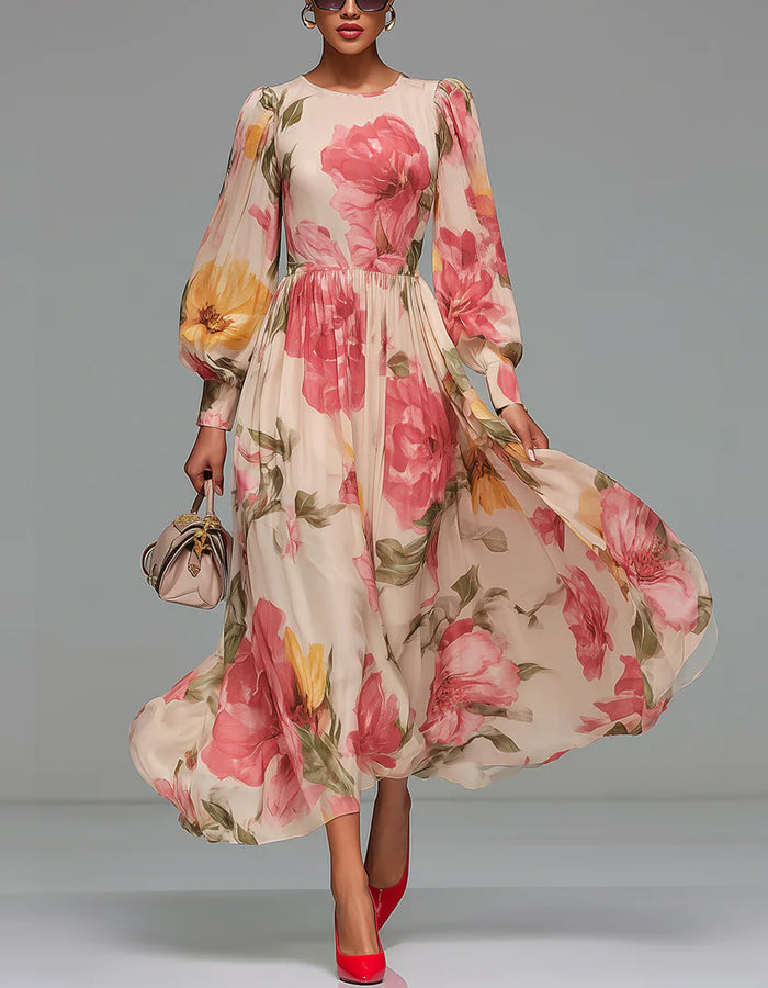 Pink Floral Chiffon Puff Sleeves Maxi Dress