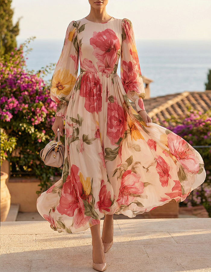 Pink Floral Chiffon Puff Sleeves Maxi Dress