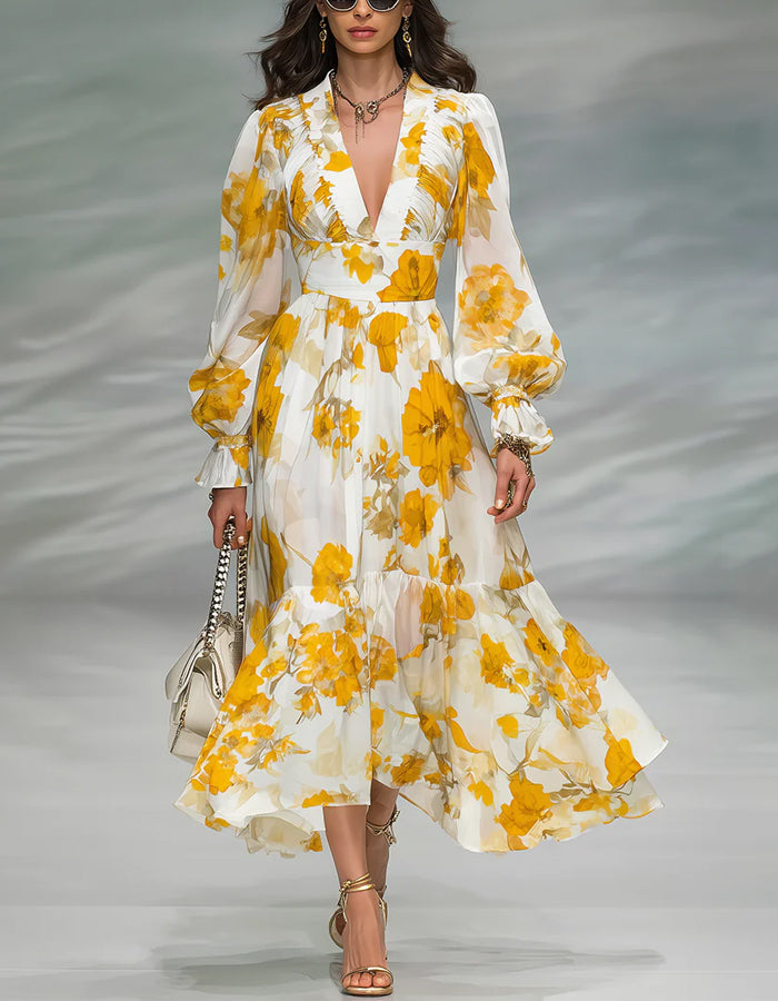 Yellow And White Floral Chiffon Deep V Maxi Dress