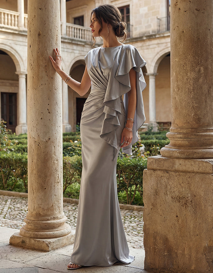Light Gray Satin Single Sided Ruffled Fishtail Maxi Dress
