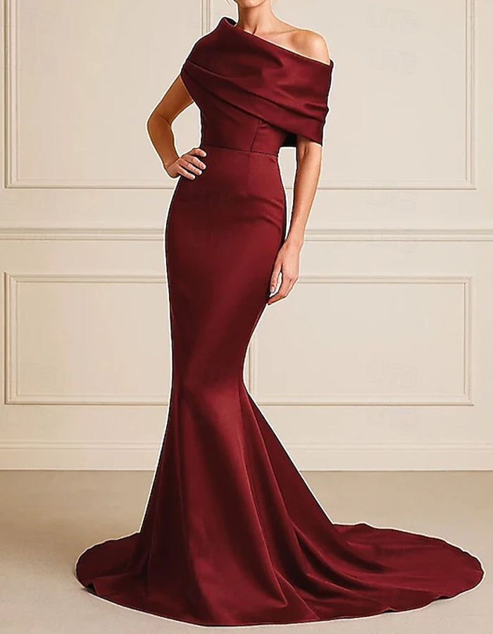 Wine Red Satin Off Shoulder Fishtail Maxi Dress