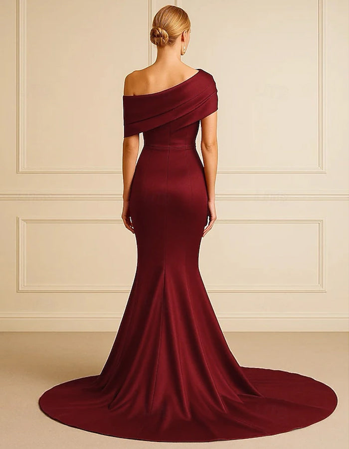 Wine Red Satin Off Shoulder Fishtail Maxi Dress