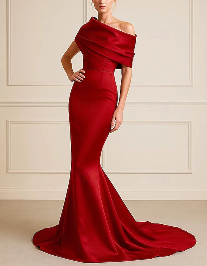 Wine Red Satin Off Shoulder Fishtail Maxi Dress
