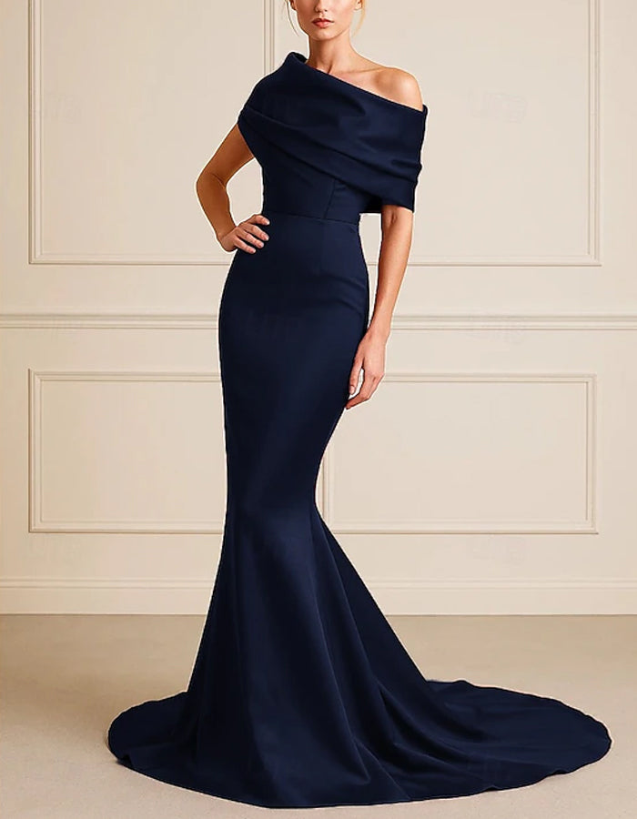 Wine Red Satin Off Shoulder Fishtail Maxi Dress