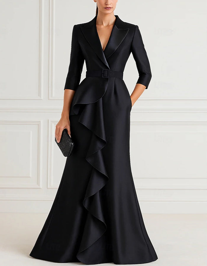 Black Satin Suit Collar Fishtail Maxi Dress