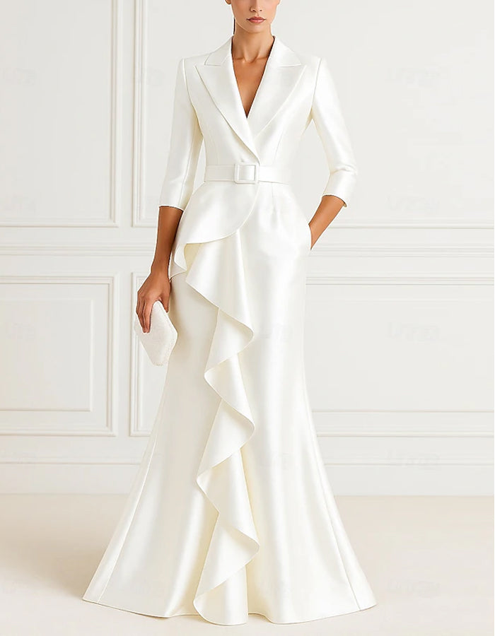 Black Satin Suit Collar Fishtail Maxi Dress