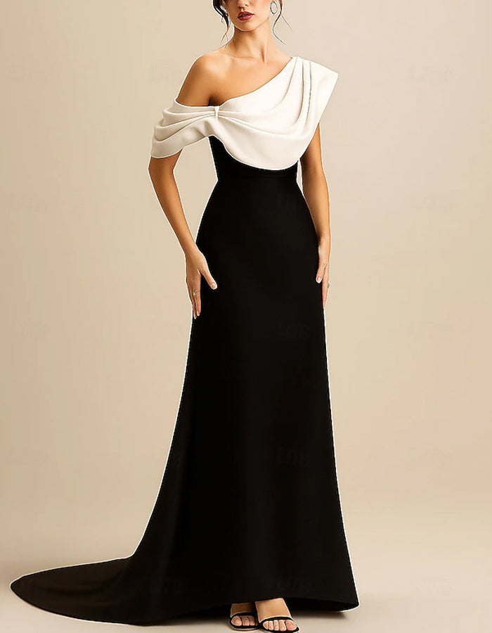 Black And White Color Blocking Single Shoulder Train Maxi Dress