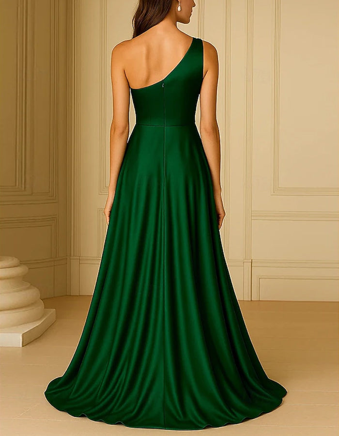 Solid Color Satin One Shoulder Maxi Dress