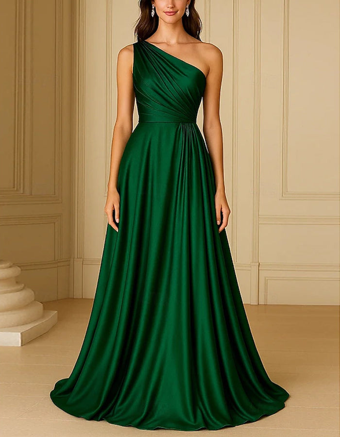 Solid Color Satin One Shoulder Maxi Dress