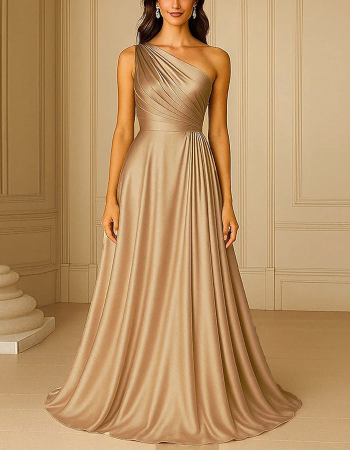 Solid Color Satin One Shoulder Maxi Dress