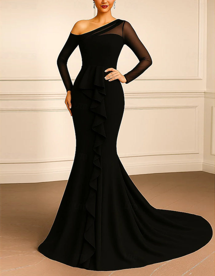 Solid Color One Shoulder Mesh Patchwork Fishtail Maxi Dress