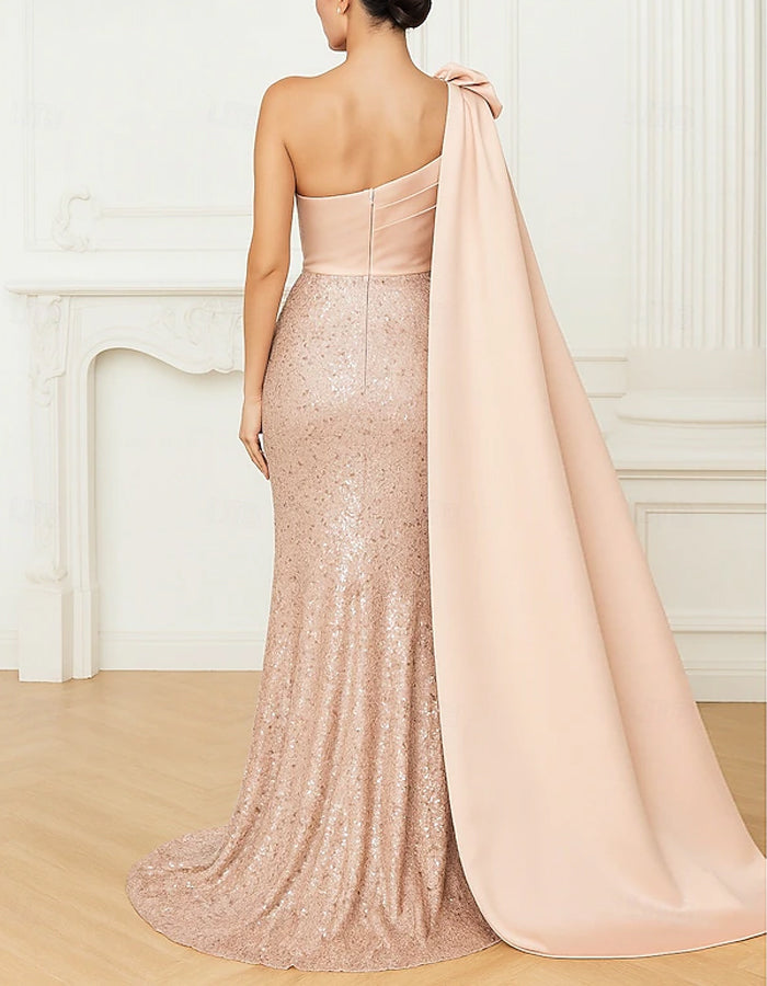 Solid Color Satin Sequined One-Shoulder Maxi Dress