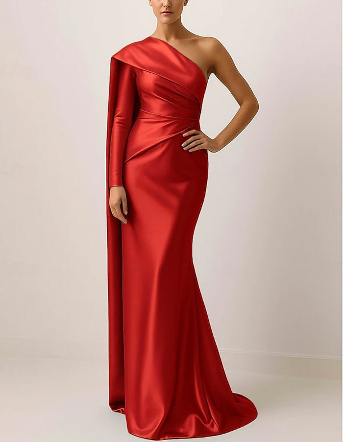 Solid Color Satin One-Shoulder Cape Fishtail Maxi Dress