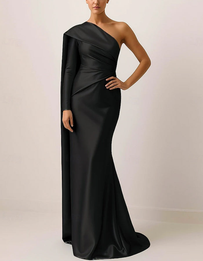 Solid Color Satin One-Shoulder Cape Fishtail Maxi Dress