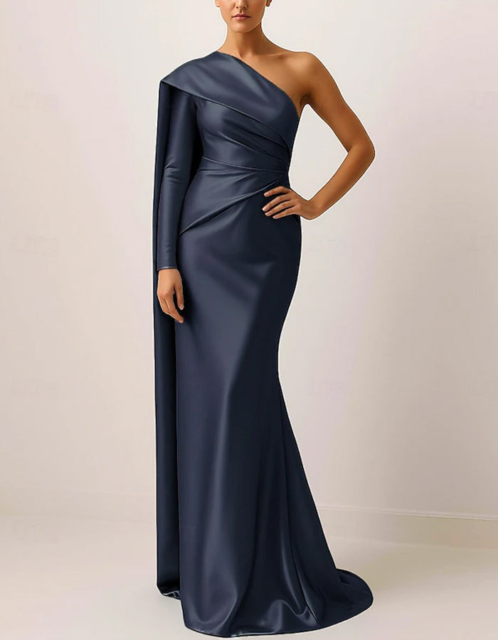Solid Color Satin One-Shoulder Cape Fishtail Maxi Dress
