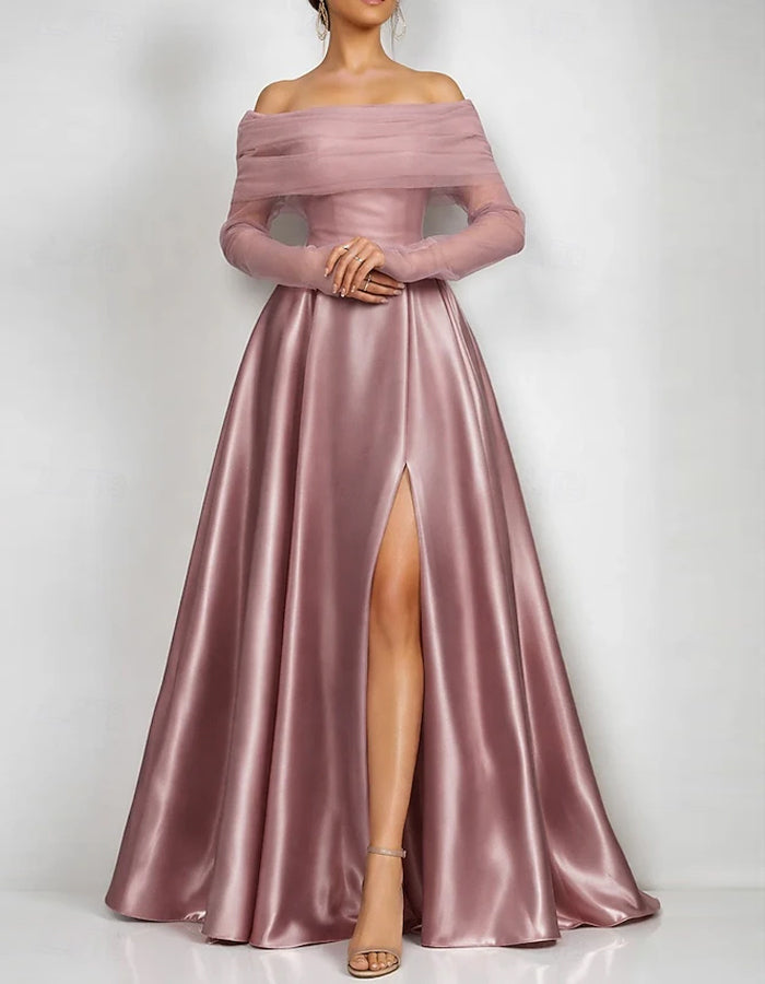 Solid Color Satin Off-Shoulder Mesh Maxi Dress