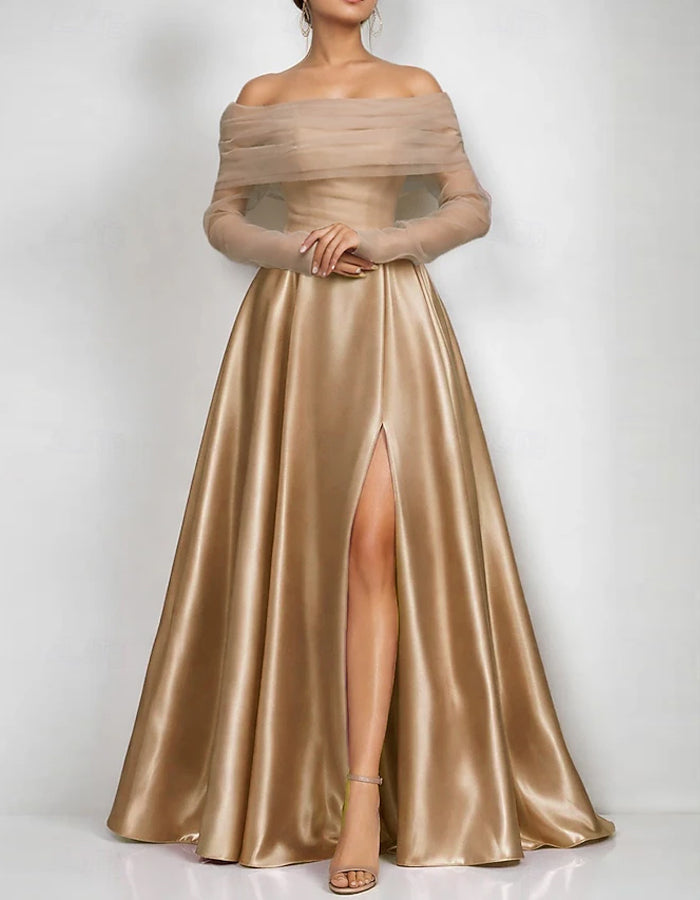 Solid Color Satin Off-Shoulder Mesh Maxi Dress