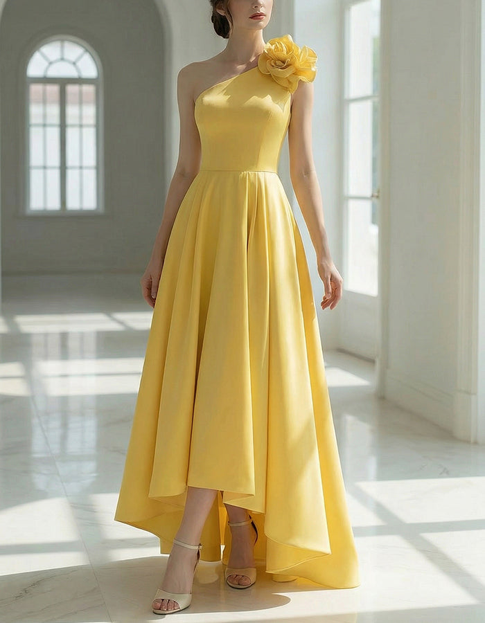 Yellow Satin Shoulder Floral Embellishment Maxi Dress