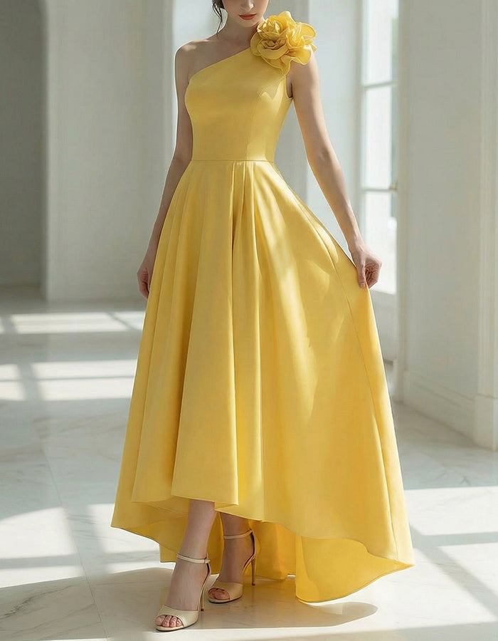 Yellow Satin Shoulder Floral Embellishment Maxi Dress