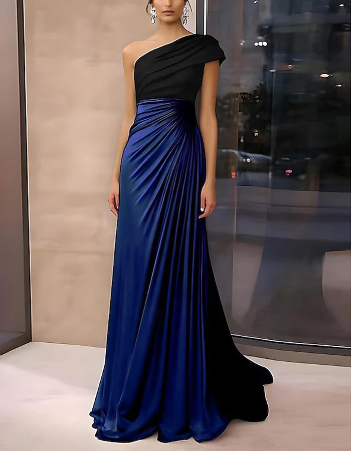 Vestido Largo de Satén con Bloques de Color y Un Hombro