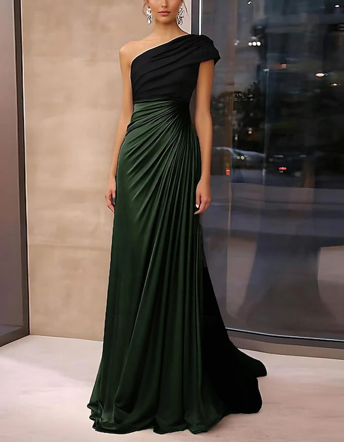 Vestido Largo de Satén con Bloques de Color y Un Hombro