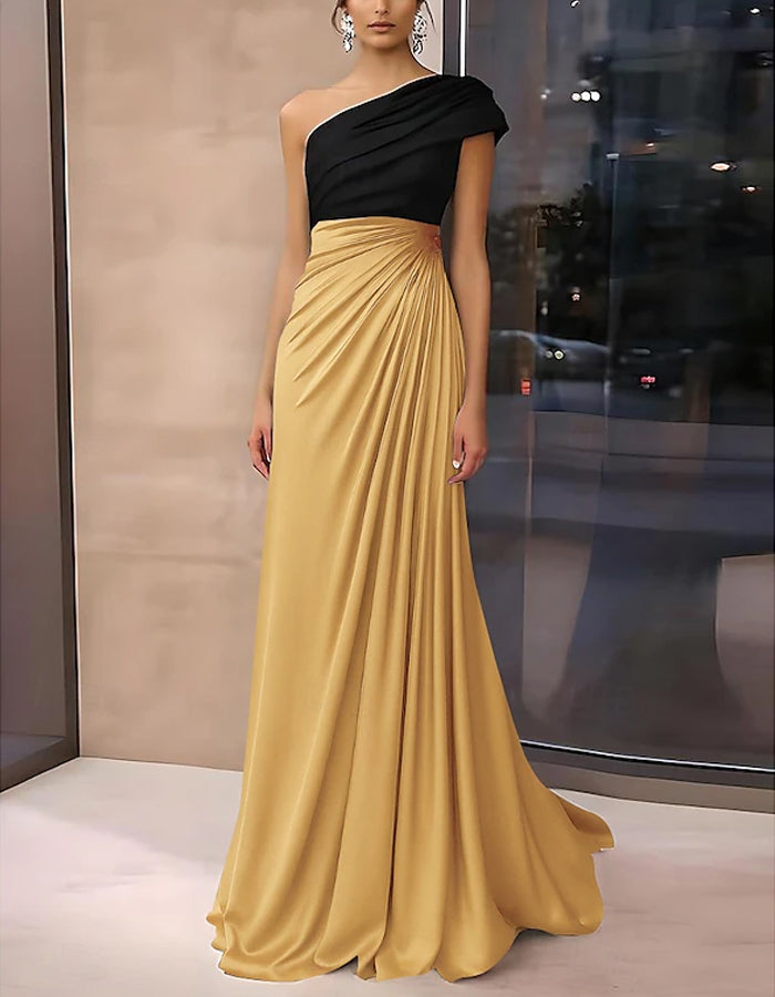 Vestido Largo de Satén con Bloques de Color y Un Hombro