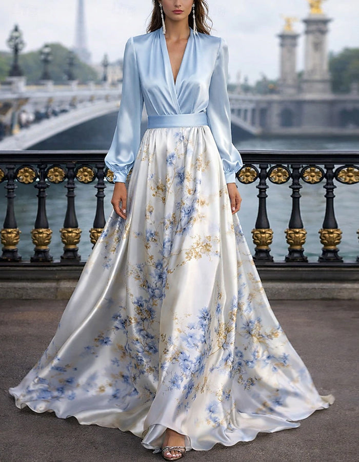 Light Blue Satin Floral Print Maxi Dress